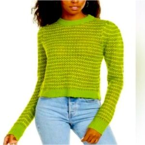 Wayf Green Waffle Striped Open Knit Crewneck Sweater Womens XS NEW